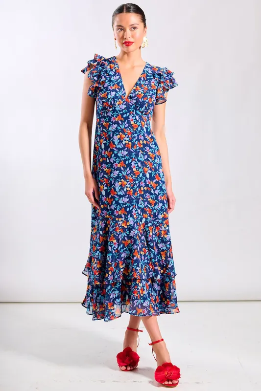 Blue Floral Ruffle Midi Dress - Needs No Label