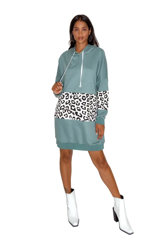 Oversized Loungewear Hoodie Dress in Sage and Leopard Print - Liquorish