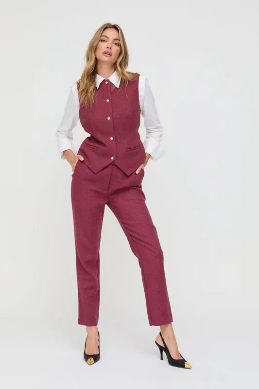 Pandora Tapered Herringbone Print Trouser In Pink - Lily and Lionel