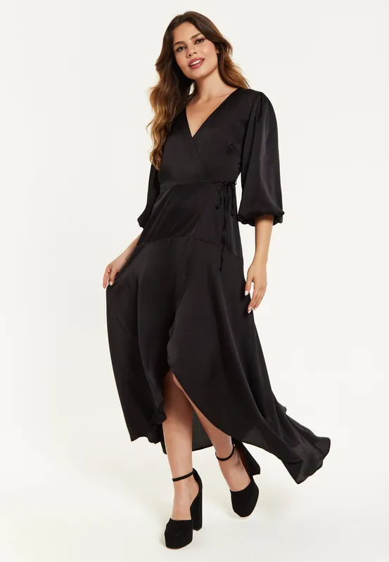 Black Midi Wrap Dress With Puff Sleeves - Liquorish