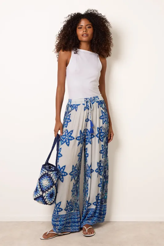 Blue Paisley Floral Wide Leg Printed Trousers - Blue Vanilla