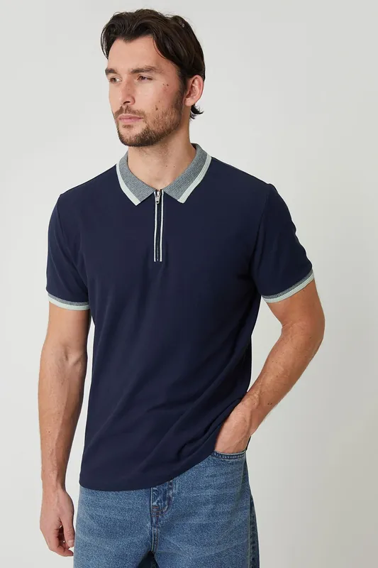 Cotton Tipping Collar Quarter Zip Pique Polo Shirt - Threadbare