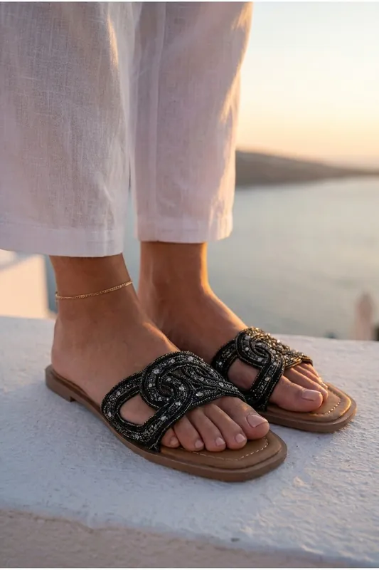 Maud Embellished Woven Knot Flat Sliders - IKRUSH