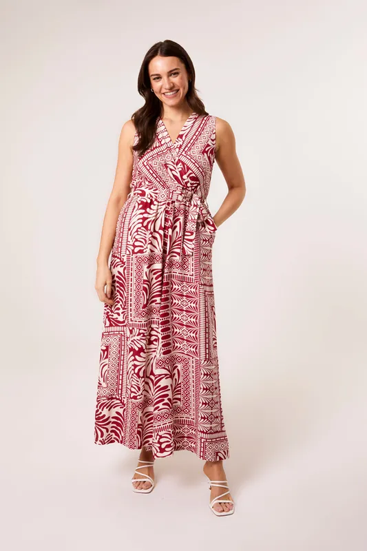 Red Sleeveless Leaf Print Jumpsuit - Blue Vanilla