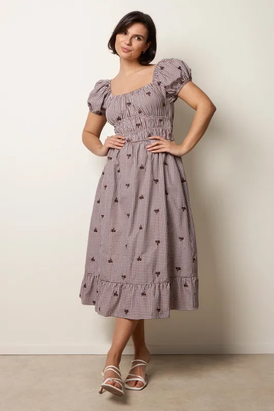 Brown Gingham Milkmaid Midi Dress - Blue Vanilla