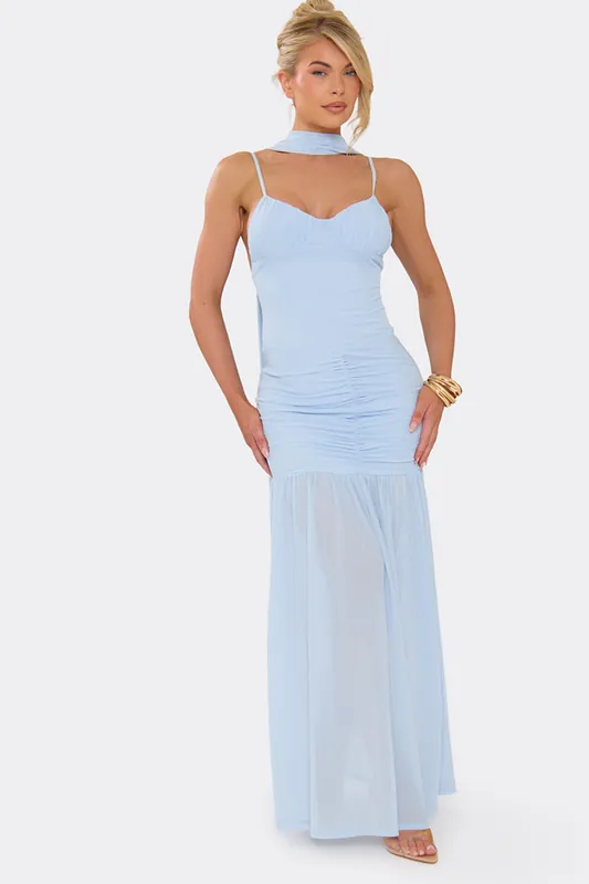 Strappy Ruched Mesh Maxi Dress - EGO