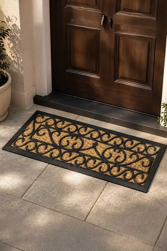 Scroll Rubber and Coir Doormat - Homescapes