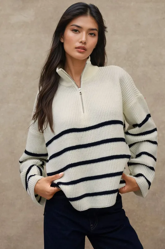 Striped Long Sleeve Zipper Collar Sweater - Hiccup