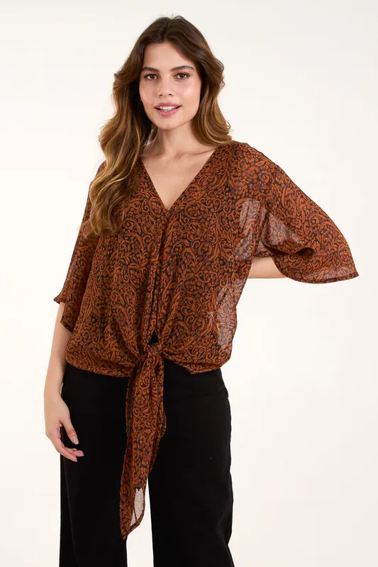 Tie Front V Neck Top - Blue Vanilla