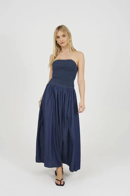 Chambray Sleeveless Ruched Bodice Midi Dress - Brave Soul