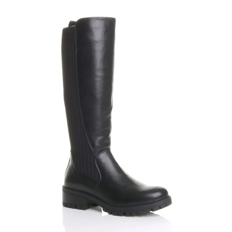 Low Heel Knitted Stretchy Knee Chelsea Riding Calf Boots - AJVANI