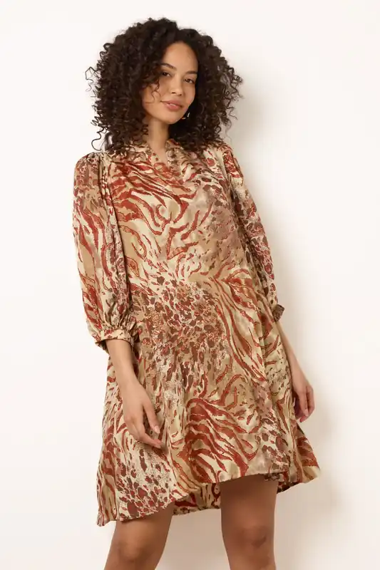Brown Puff Sleeve Metallic Animal Print Puff Sleeve Tunic Dress - Blue Vanilla