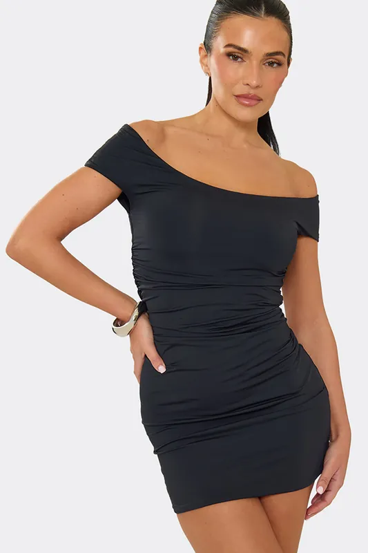 Short Sleeve Ruched Slinky Mini Dress - EGO