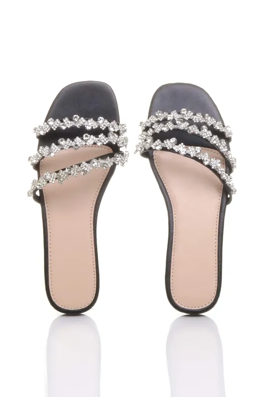 Flat Diamante Sparkly Flip Flops Sliders Sandals - AJVANI