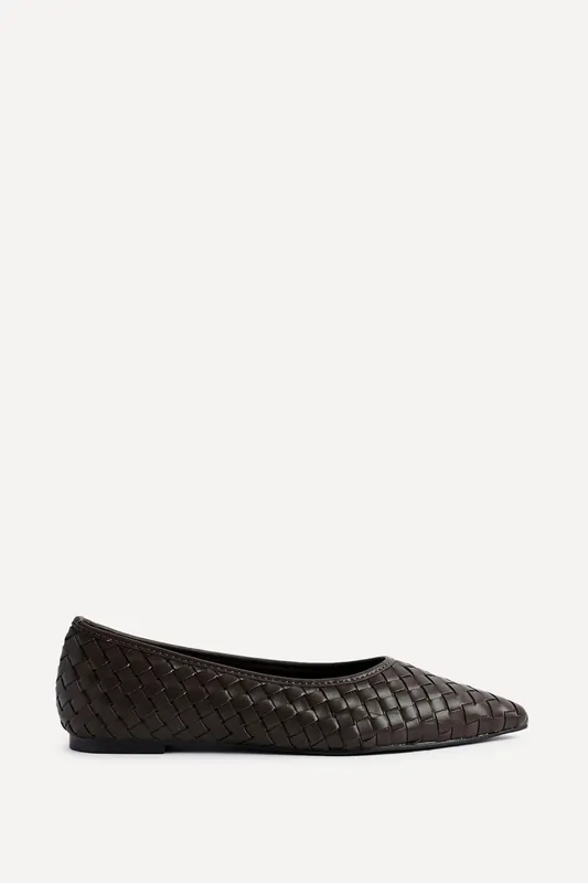 Talina Brown Faux Leather Woven Pointed Toe Ballet Flats - Linzi