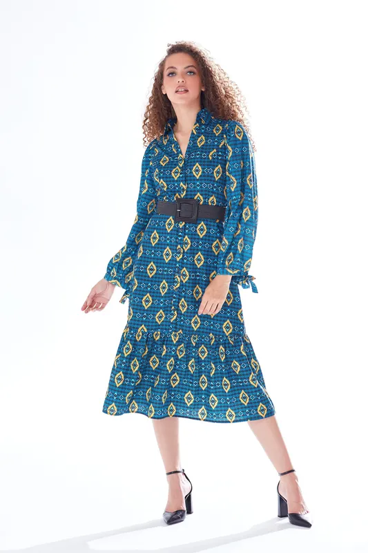 African Print Midi Dress Blue & Yellow - Liquorish