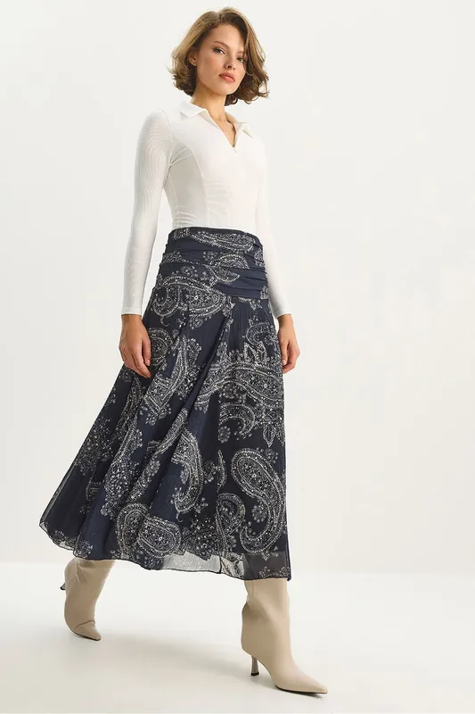 High Waist Ethnic Print Midi Skirt - Bianco Lucci