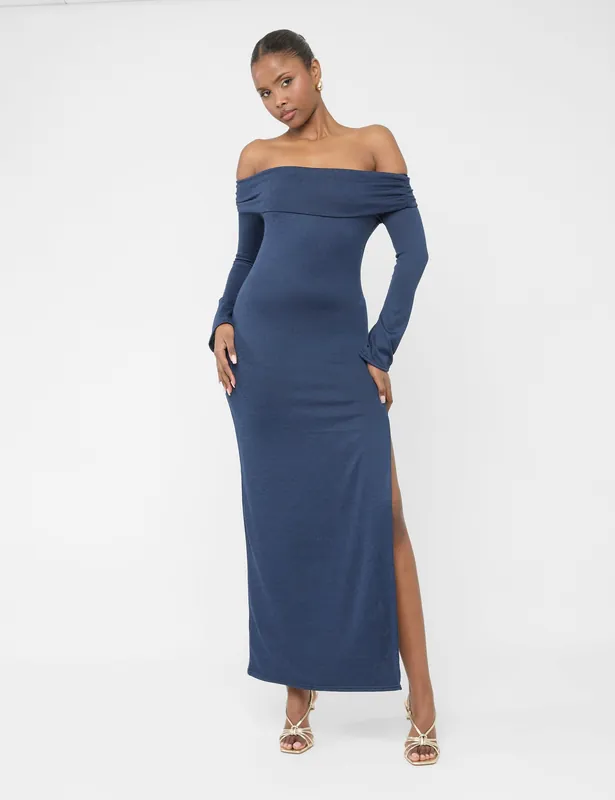 Long Sleeve Off The Shoulder Bardot Maxi Dress Navy - Public Desire