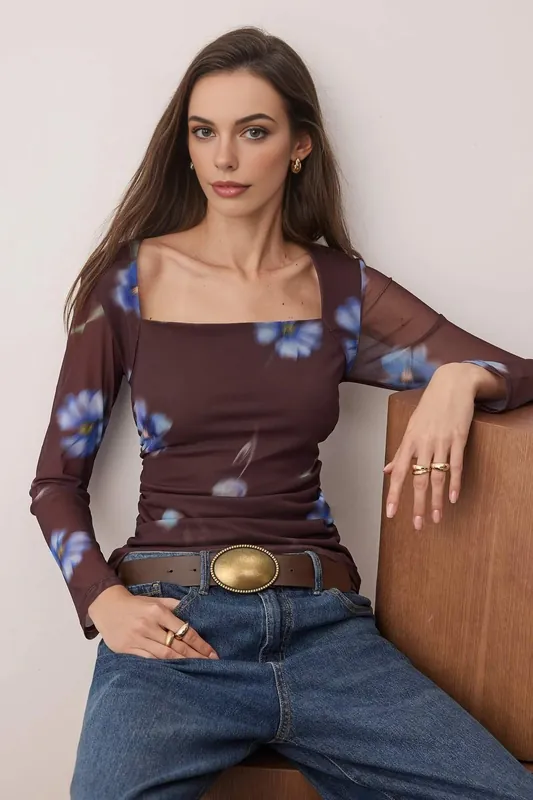 Floral Print Drape Detail Fitted Long Sleeve Knit Blouse - WOVCOR