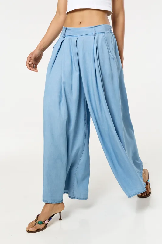 Light Blue Denim Wide Leg Palazzo Trousers - Liquorish