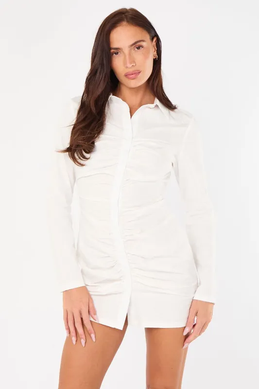 Ruched White Shirt Dress - ELAINA FASHION