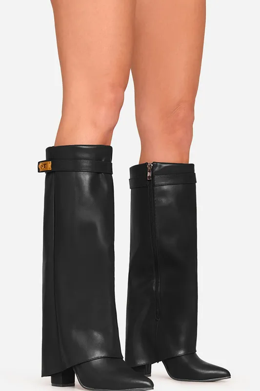 Knee High Lock Detail Faux Leather Block Heel Boots - EGO