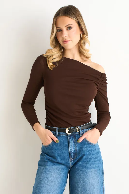 Chocolate Jersey Slash Neck Long Sleeves Top - Gini London