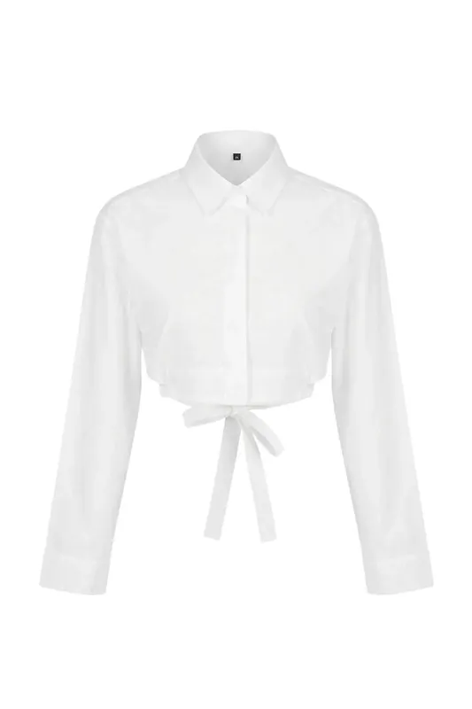 Tie Back Collared Long Sleeve Cropped Cotton Poplin Shirt - WOVCOR