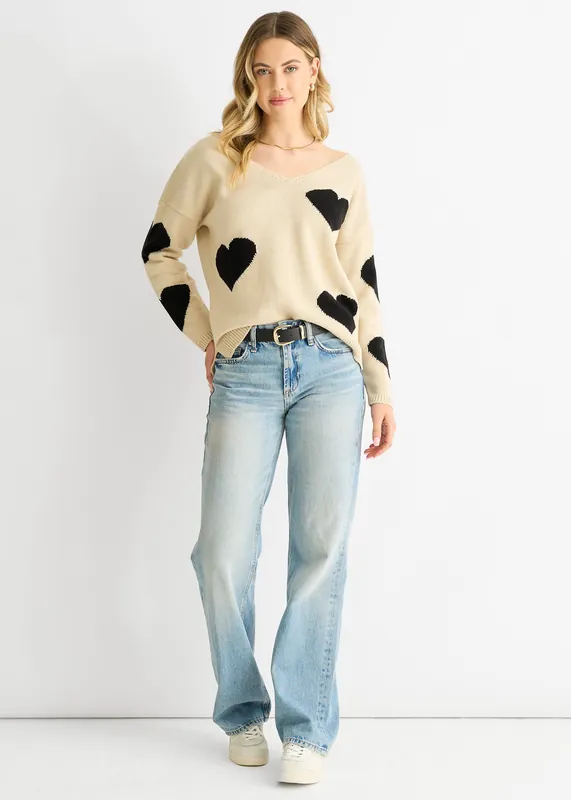 Beige V Neck Oversized Heart Knit Jumper - Gini London