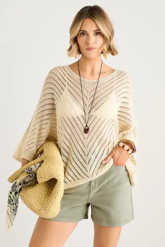 Beige V-Neck Chevron Crochet Knit Top