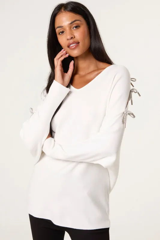 Ivory Diamante Bow Cut Out Sleeve Jumper - Blue Vanilla