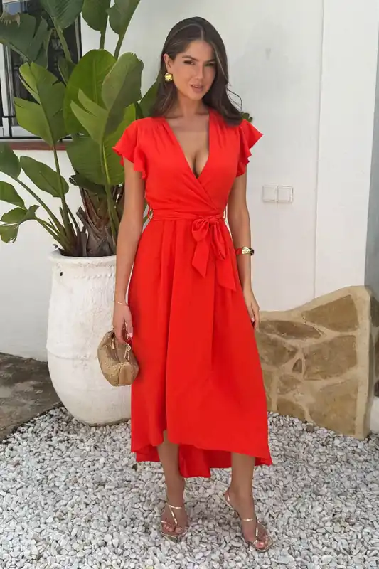 Burnt Orange Flutter Sleeve Belted Wrap Midi Dress - AX Paris