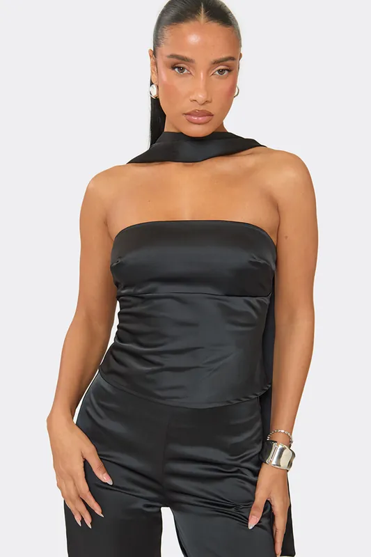 Sleeveless Bandeau Tie Satin Top - EGO