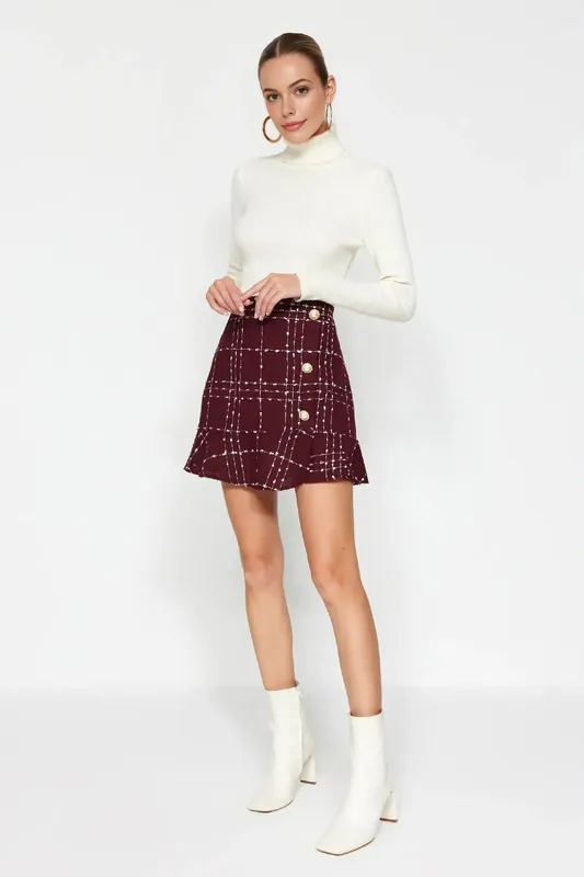 Tweed Mini Skirt with Button and Flounce Hem Detail - WOVCOR