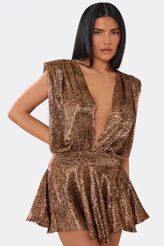 Short Sleeve Plunging Neckline Open Back Leopard Print Mini Playsuit - EGO