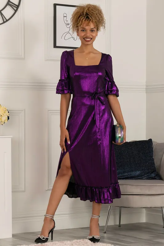 Janice Square Neck Frill Midi Dress - Jolie Moi