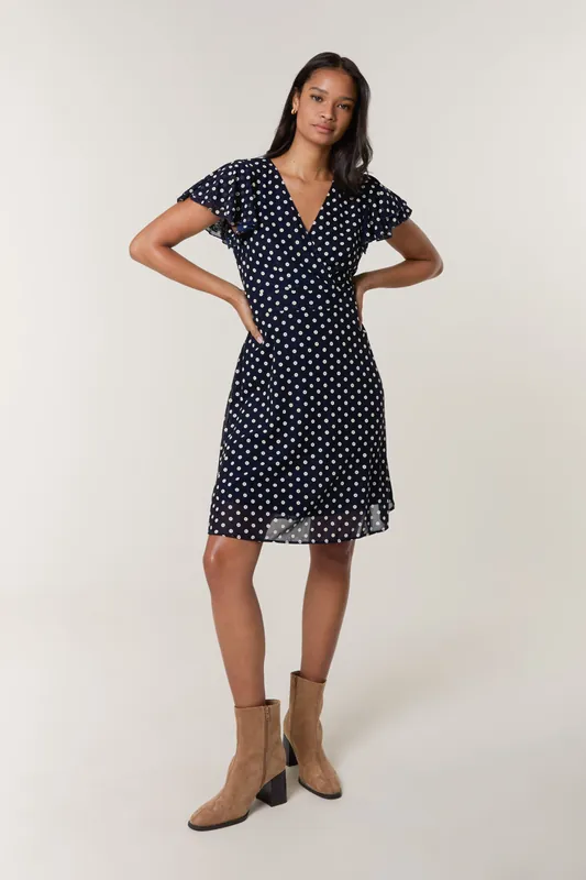 Navy Polka Dot Mesh Frill Sleeve Wrap Dress With Tie Waist - Blue Vanilla