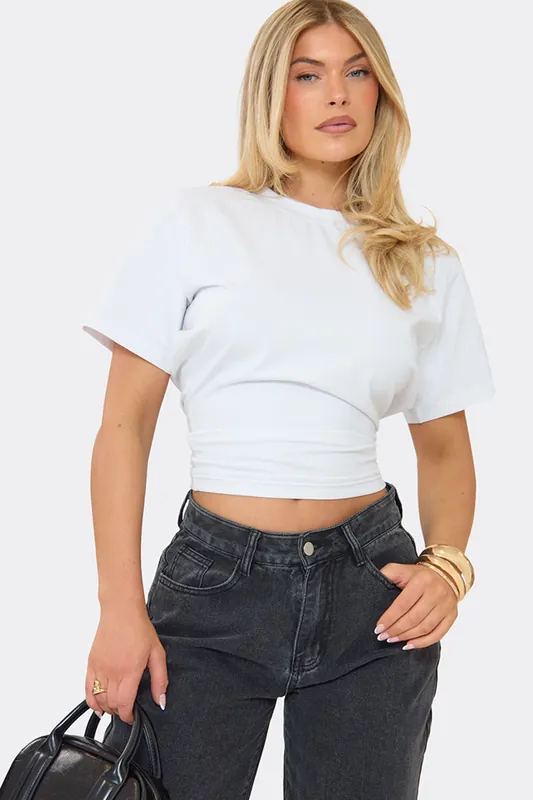 Fitted Short Sleeve Crew Neck Shoulder Pads T-shirt
