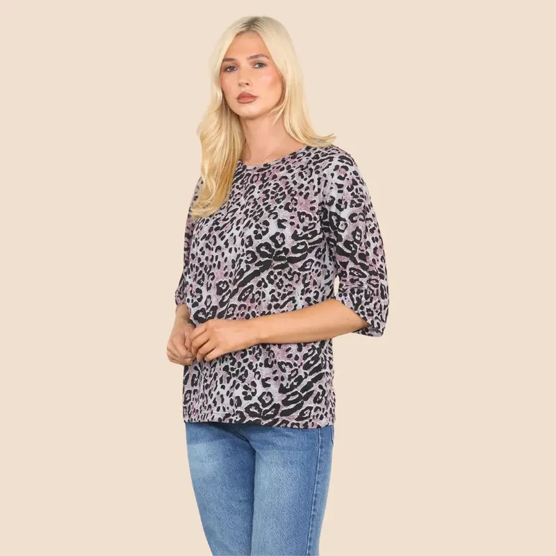 Leopard Print Blouse Crew Round Neck - ELAINA FASHION
