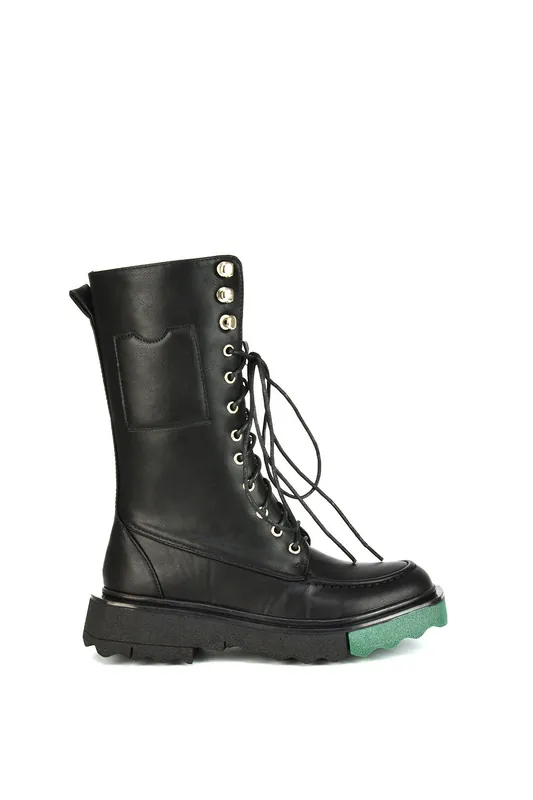 Blakely' Flat Wedge Green Sole Biker Lace Up Ankle Boots - XY London