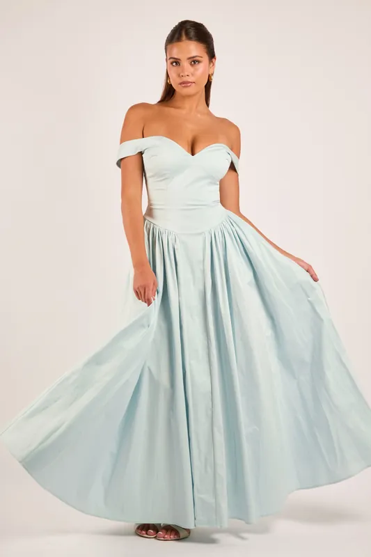 Hannah Baby Blue Off Shoulder Sweetheart Gown Maxi Dress - Jaded Rose