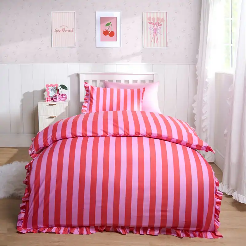 Frill Duvet Cover Bedding Set Pillowcase Stripe Quilt Luxury - OHS