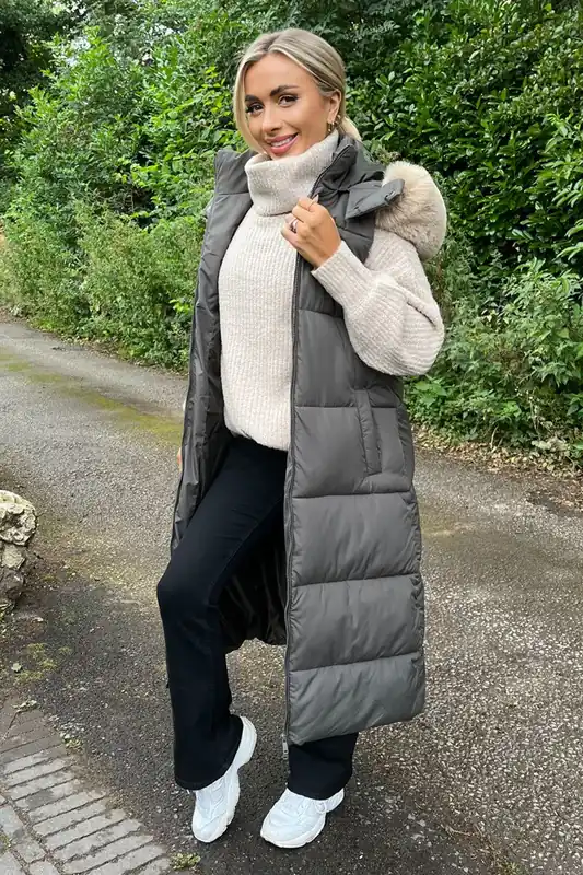 Khaki Faux Fur Hooded Longline Padded Gilet - AX Paris