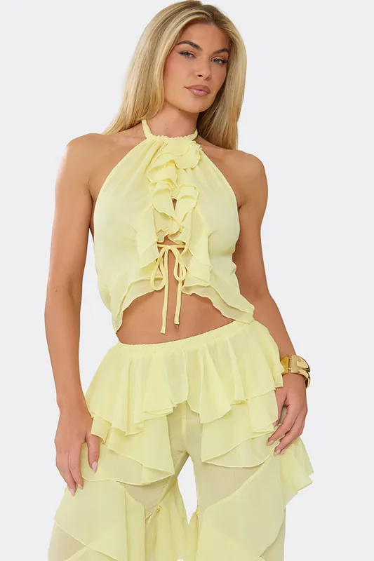 Sleeveless Halter Neck Frill Trim Top - EGO