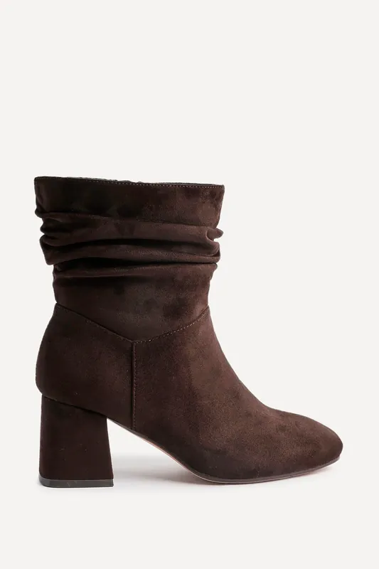 Zayda Wide Fit Brown Faux Suede Ruched Heeled Ankle Boot - Linzi