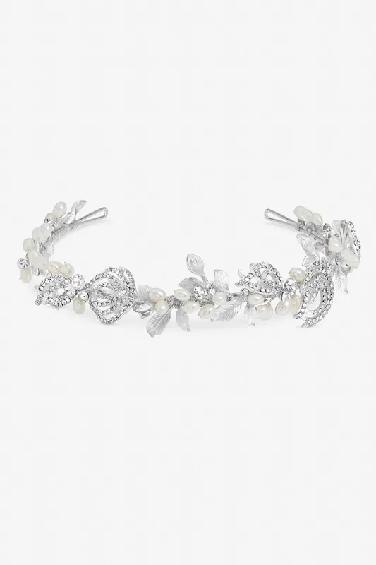 Delilah Silver Plated Pave Feather And Pearl Tiara - Gift Pouch