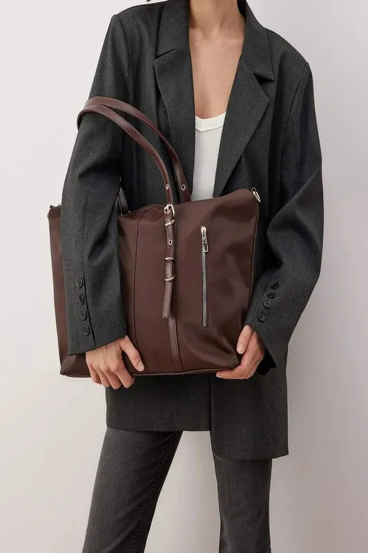 Women's Double Strap Zip Detail Tote Shoulder Bag - WOVCOR