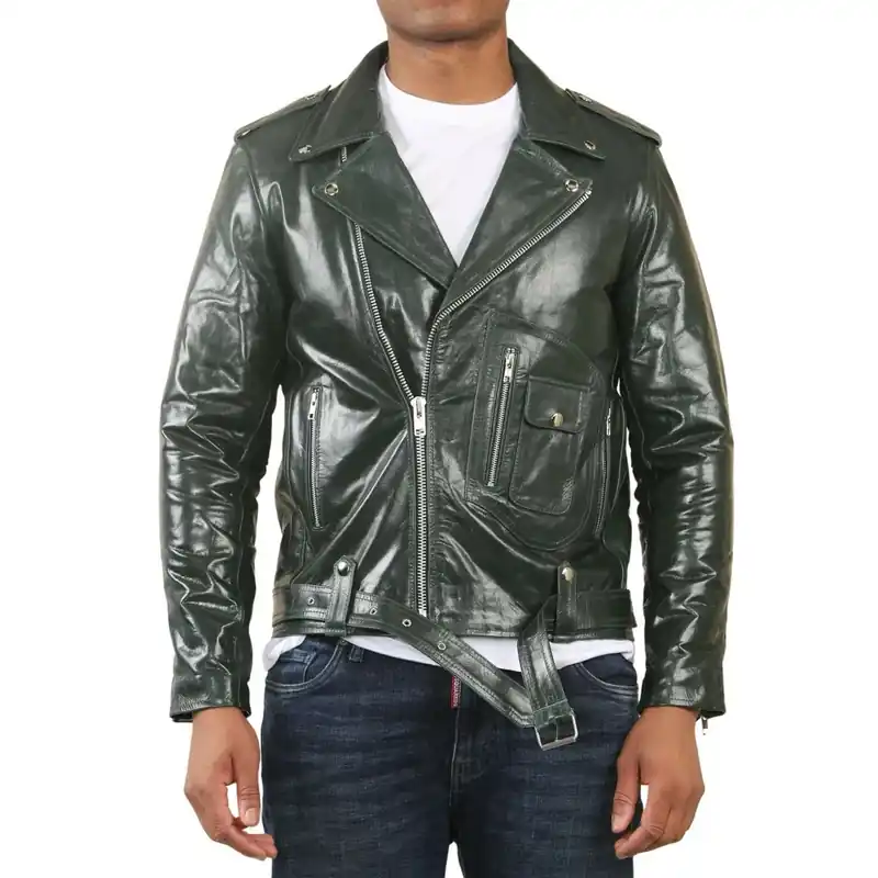 Cow Hide Biker Brando Cross Zip Leather Jacket - TruClothing
