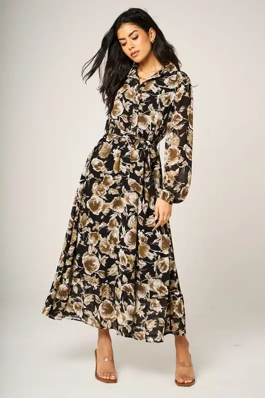 Brown Floral Print Long Sleeve Midi Shirt Dress in Brown - FS Collection