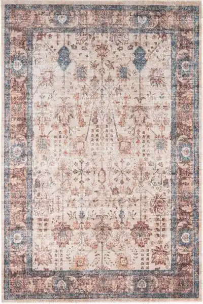 Blue Beige Traditional Floral Bordered Non Slip Washable Low Pile Rug - Kukoon
